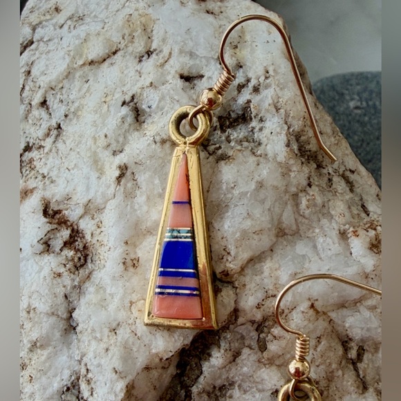 18K GOLD Zuni Native American Vintage Multi-stone Dangle Earrings - Picture 3 of 14